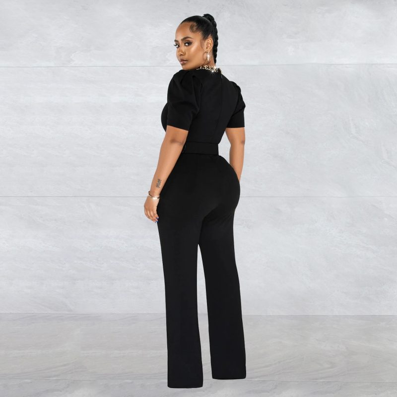 Women  Wear Solid Color Belt Chain Short Sleeve Trousers Jumpsuit - Image 12