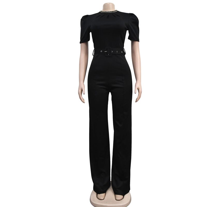 Women  Wear Solid Color Belt Chain Short Sleeve Trousers Jumpsuit - Image 13