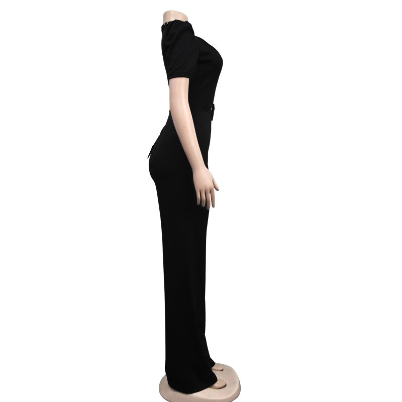 Women  Wear Solid Color Belt Chain Short Sleeve Trousers Jumpsuit - Image 14