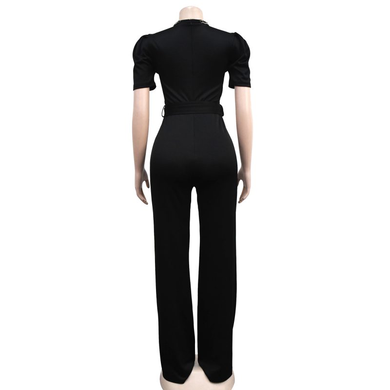 Women  Wear Solid Color Belt Chain Short Sleeve Trousers Jumpsuit - Image 15