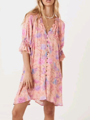 Spring Summer Rayon Positioning Floral Belt Tassel Dress