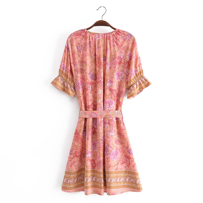 Spring Summer Rayon Positioning Floral Belt Tassel Dress - Image 3
