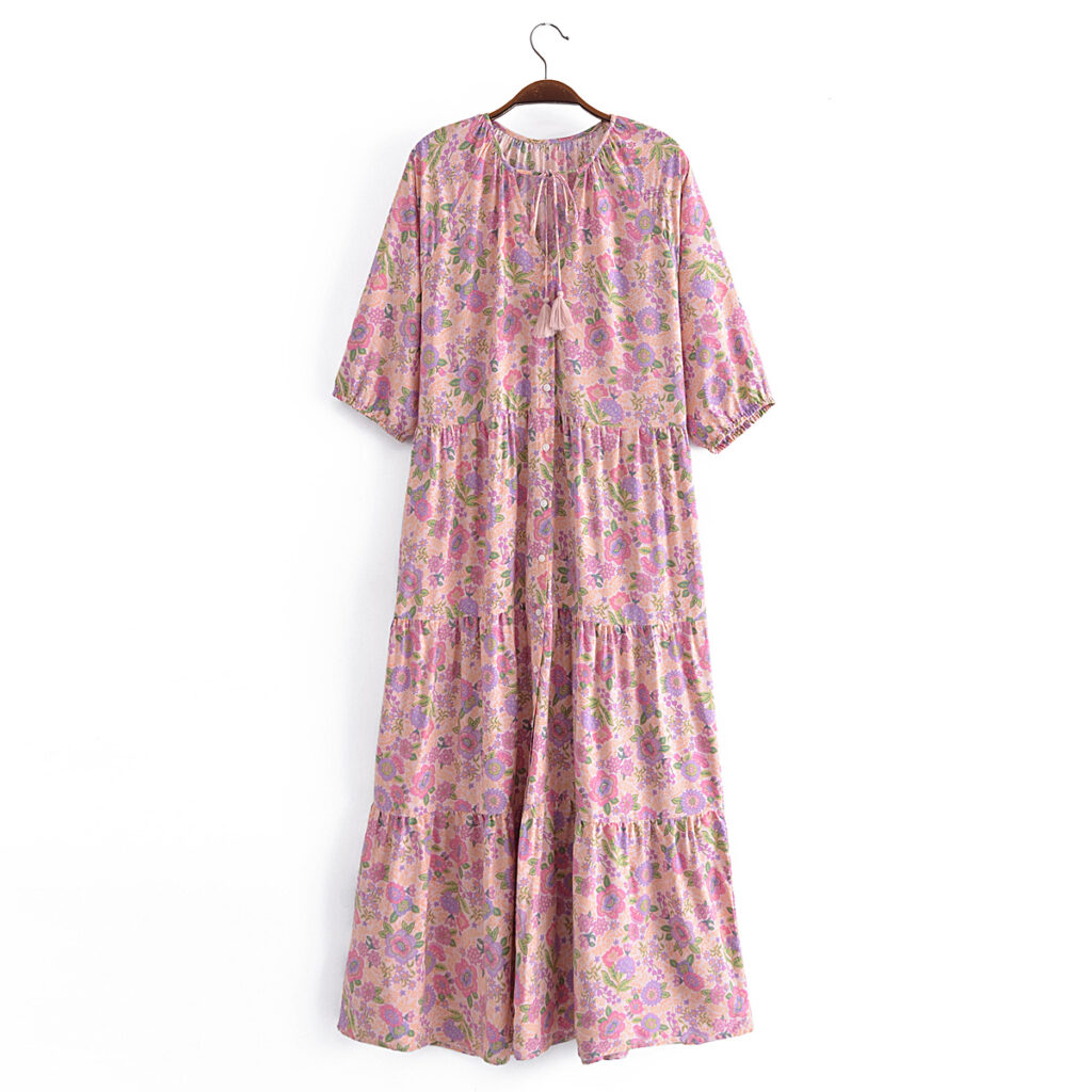 Early Spring Women Clothing V neck Lace up Floral Tassel Cake Layer Loose Dress - Image 2