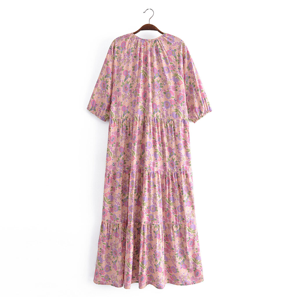 Early Spring Women Clothing V neck Lace up Floral Tassel Cake Layer Loose Dress - Image 3