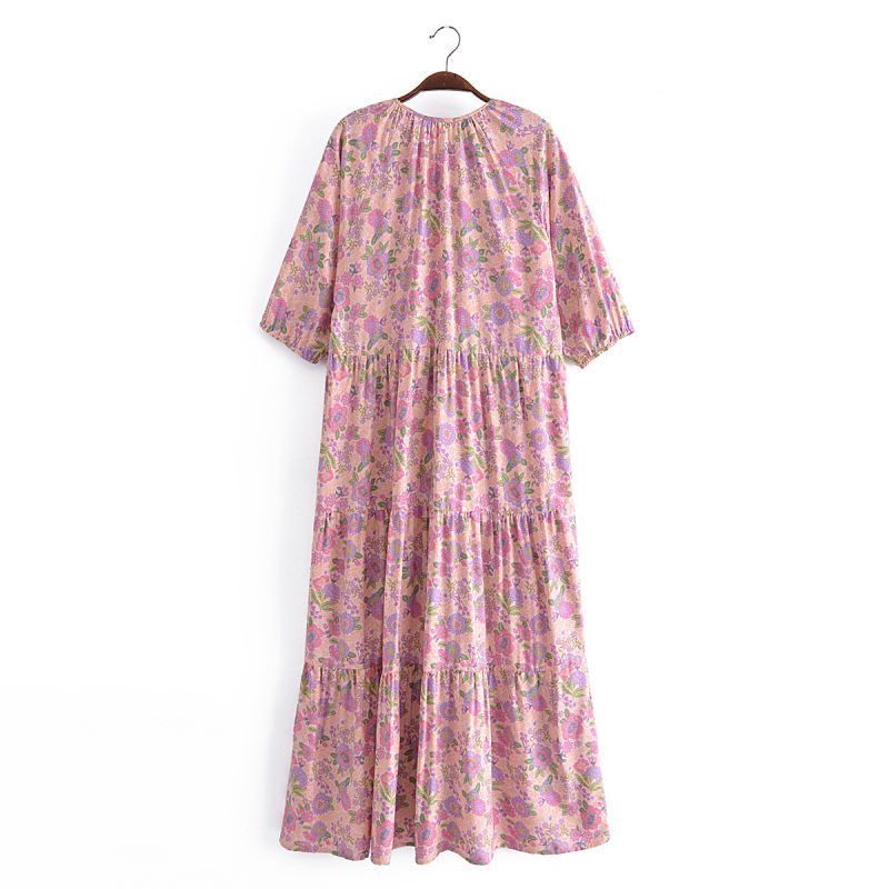 Early Spring Women Clothing V neck Lace up Floral Tassel Cake Layer Loose Dress - Image 3