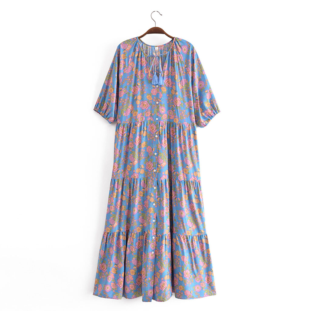 Early Spring Women Clothing V neck Lace up Floral Tassel Cake Layer Loose Dress - Image 4