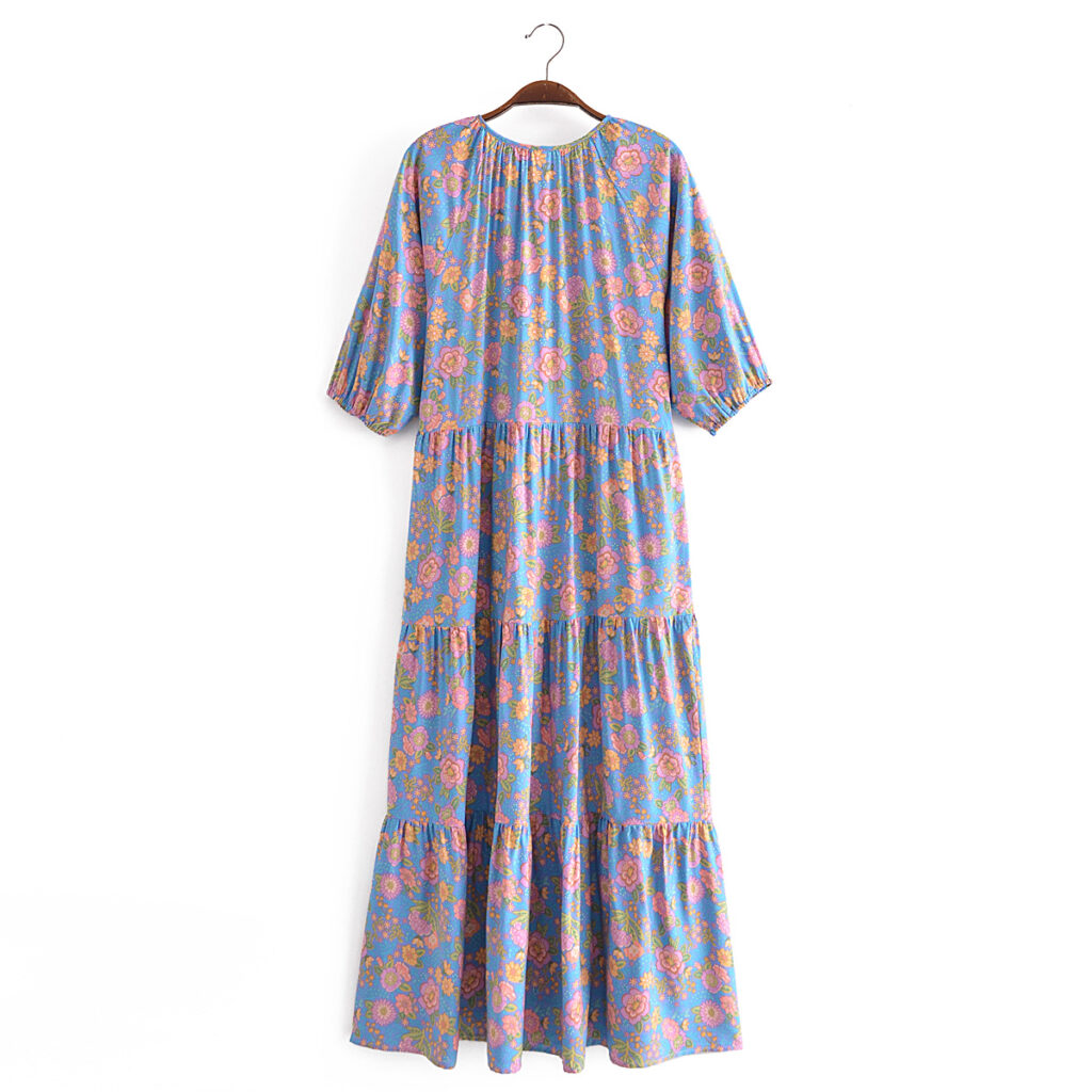 Early Spring Women Clothing V neck Lace up Floral Tassel Cake Layer Loose Dress - Image 5