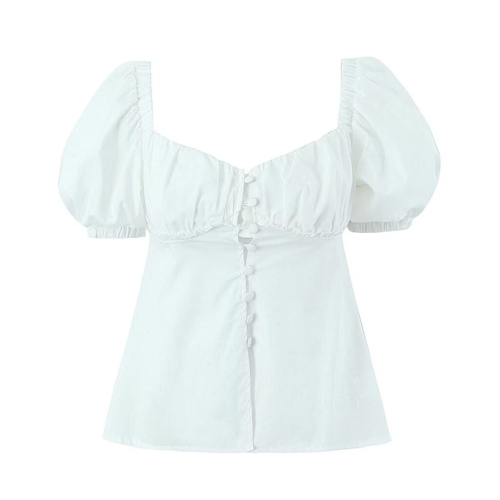 Women Puff Sleeve Single Breasted White Shirt Summer Slim Fit Figure Flattering Graceful Tops Small Shirt - Image 2