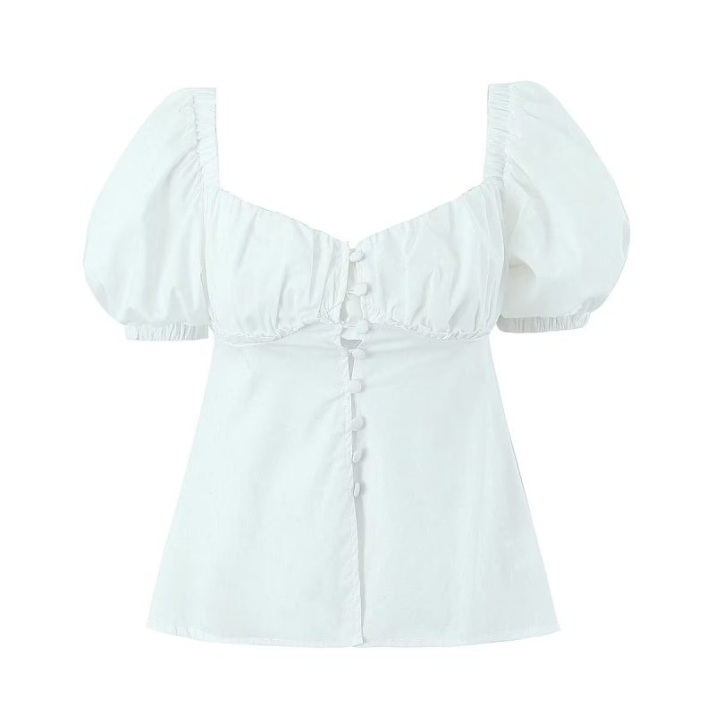 Women Puff Sleeve Single Breasted White Shirt Summer Slim Fit Figure Flattering Graceful Tops Small Shirt - Image 2
