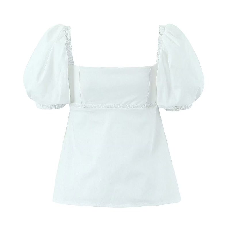 Women Puff Sleeve Single Breasted White Shirt Summer Slim Fit Figure Flattering Graceful Tops Small Shirt - Image 3