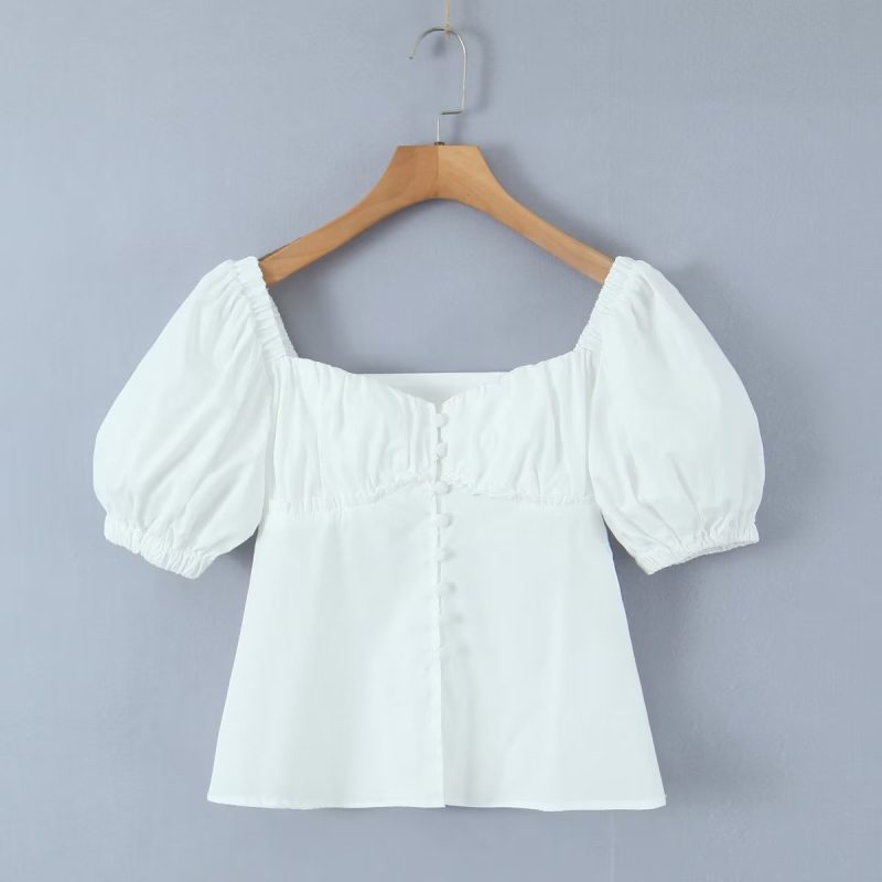 Women Puff Sleeve Single Breasted White Shirt Summer Slim Fit Figure Flattering Graceful Tops Small Shirt - Image 4