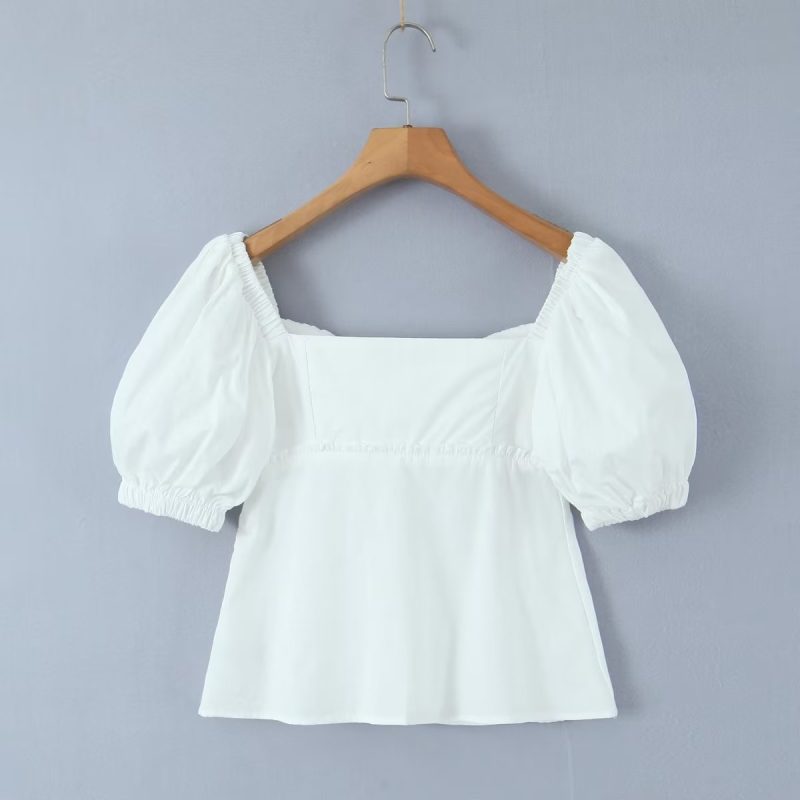 Women Puff Sleeve Single Breasted White Shirt Summer Slim Fit Figure Flattering Graceful Tops Small Shirt - Image 8