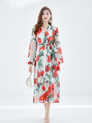 Women Spring Fall Vacation V Neck Floral Belted A Line Maxi Dress