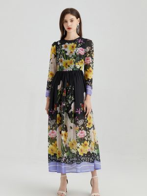 Women Spring Fall Vacation Crew Neck Floral A Line Maxi Dress