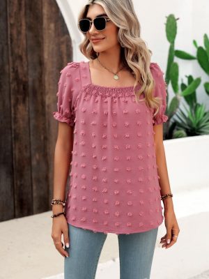 Women Clothing Spring Summer Chiffon Big Fur Ball Short Sleeved Shirt Square Collar Pleated Shirt