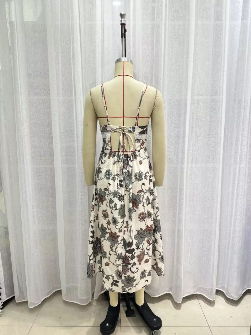 French Vintage Small Floral Lace up Bow Tight Waist Slim Backless Sexy Dress Suspender Dress - Image 5