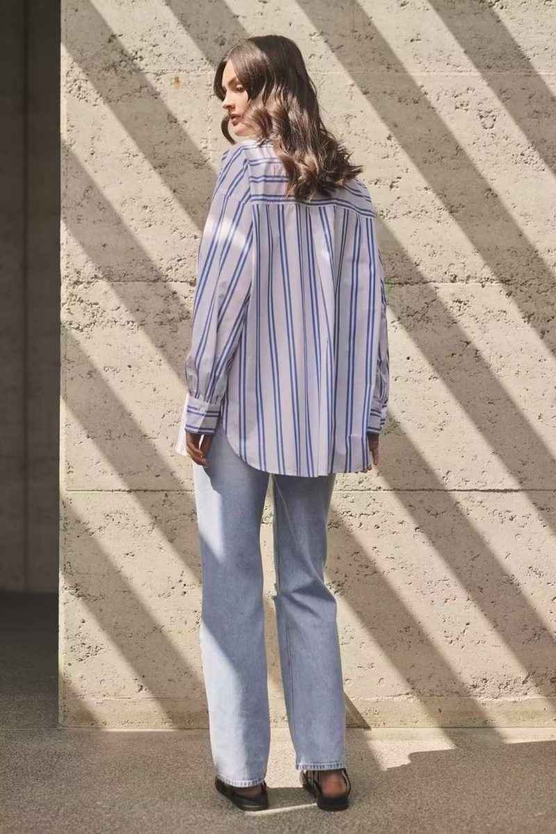 Women Autumn   Blue Striped Simple Collared Long Sleeve Striped Shirt for Women - Image 2