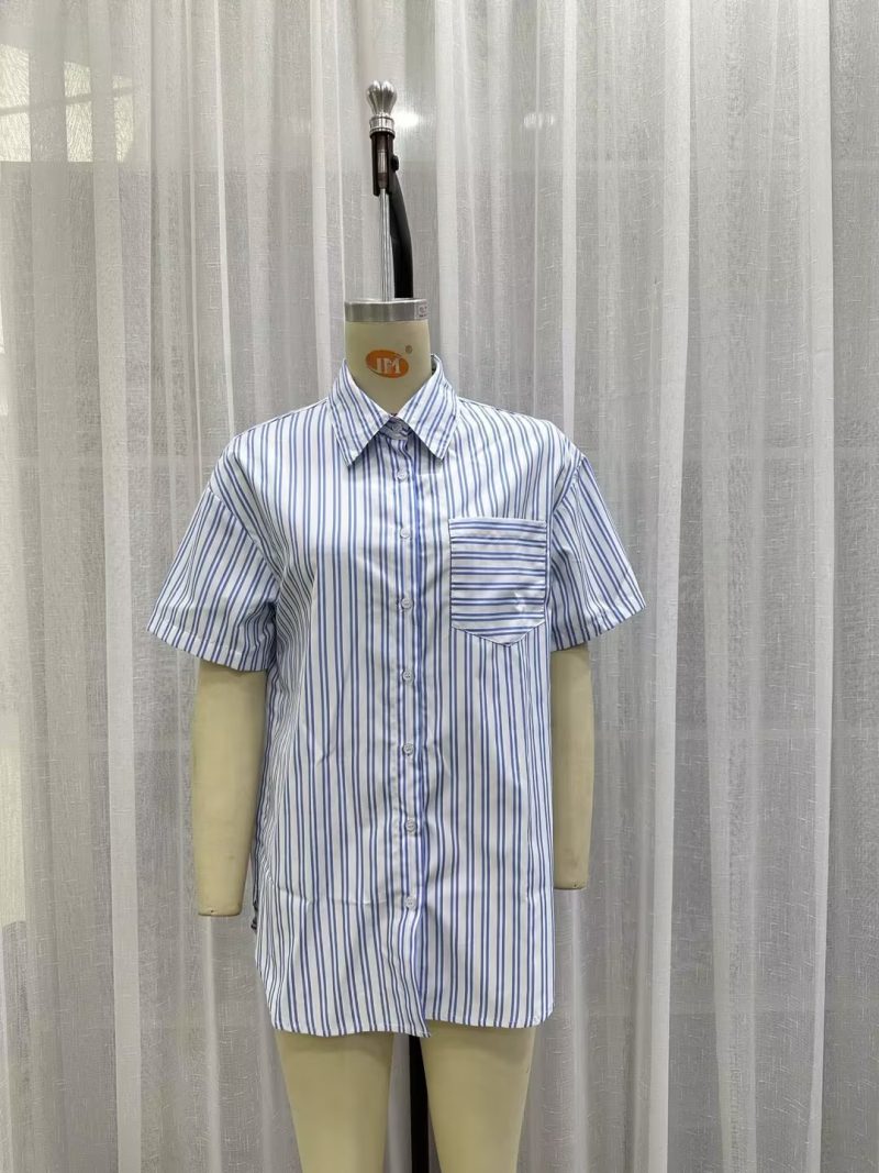 Women Autumn   Blue Striped Simple Collared Long Sleeve Striped Shirt for Women - Image 3