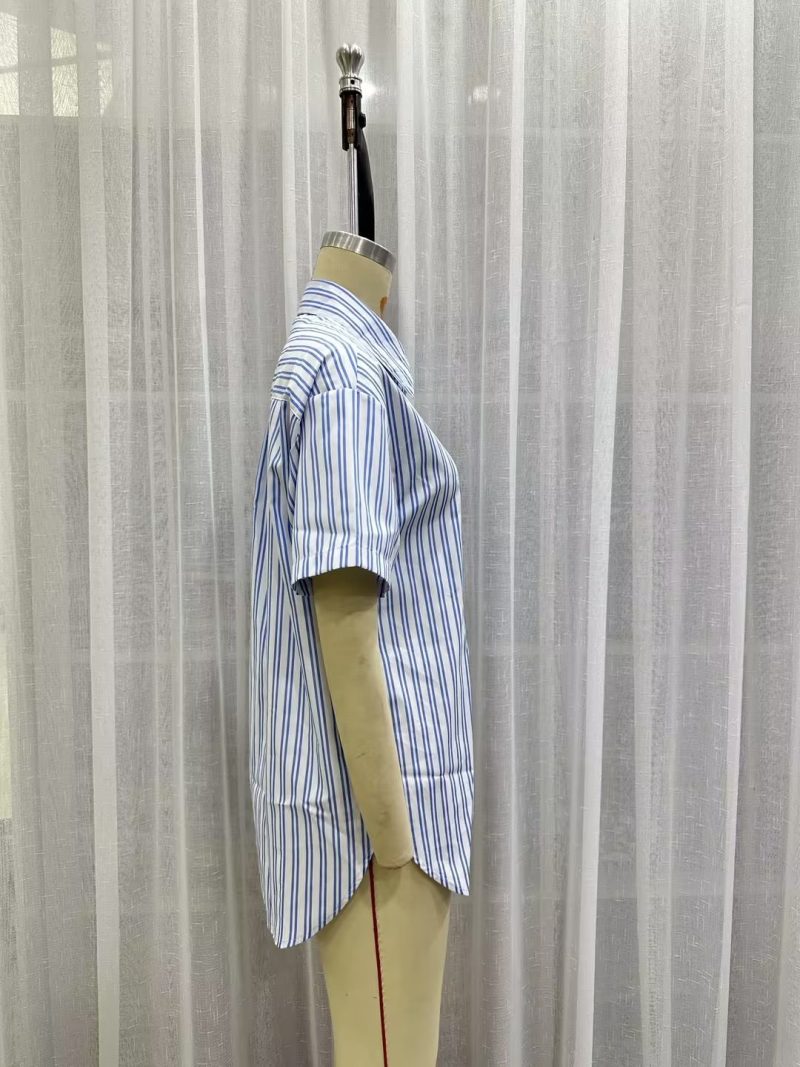 Women Autumn   Blue Striped Simple Collared Long Sleeve Striped Shirt for Women - Image 4