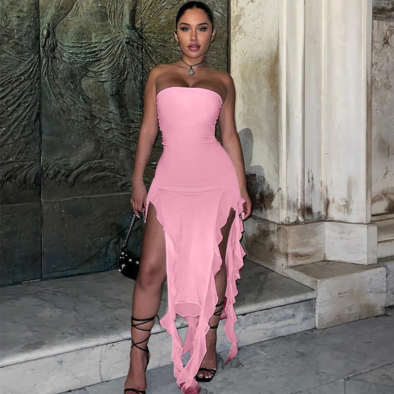 Women Clothing Elegant Wrapped Chest Mesh Patchwork Ruffled Slit Dress - Image 3
