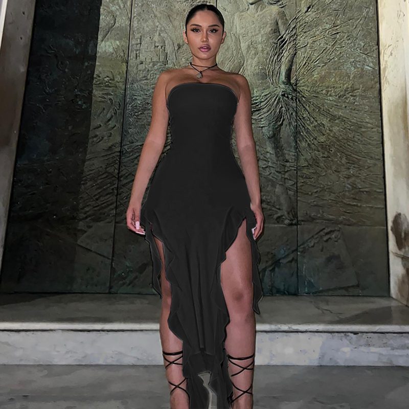 Women Clothing Elegant Wrapped Chest Mesh Patchwork Ruffled Slit Dress - Image 5