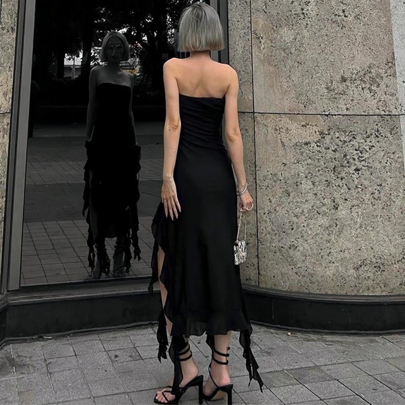 Women Clothing Elegant Wrapped Chest Mesh Patchwork Ruffled Slit Dress - Image 6