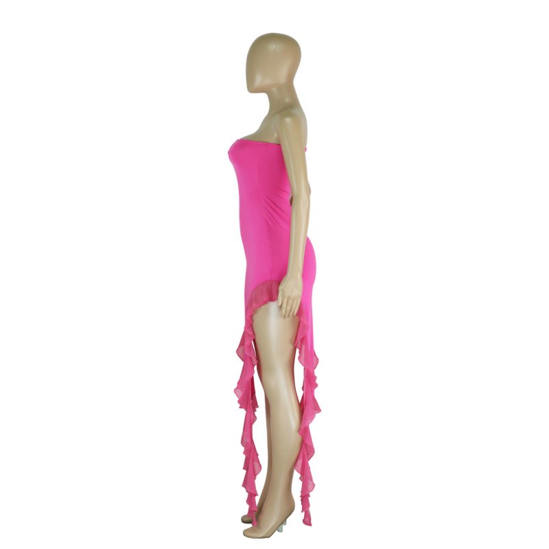 Women Clothing Elegant Wrapped Chest Mesh Patchwork Ruffled Slit Dress - Image 8