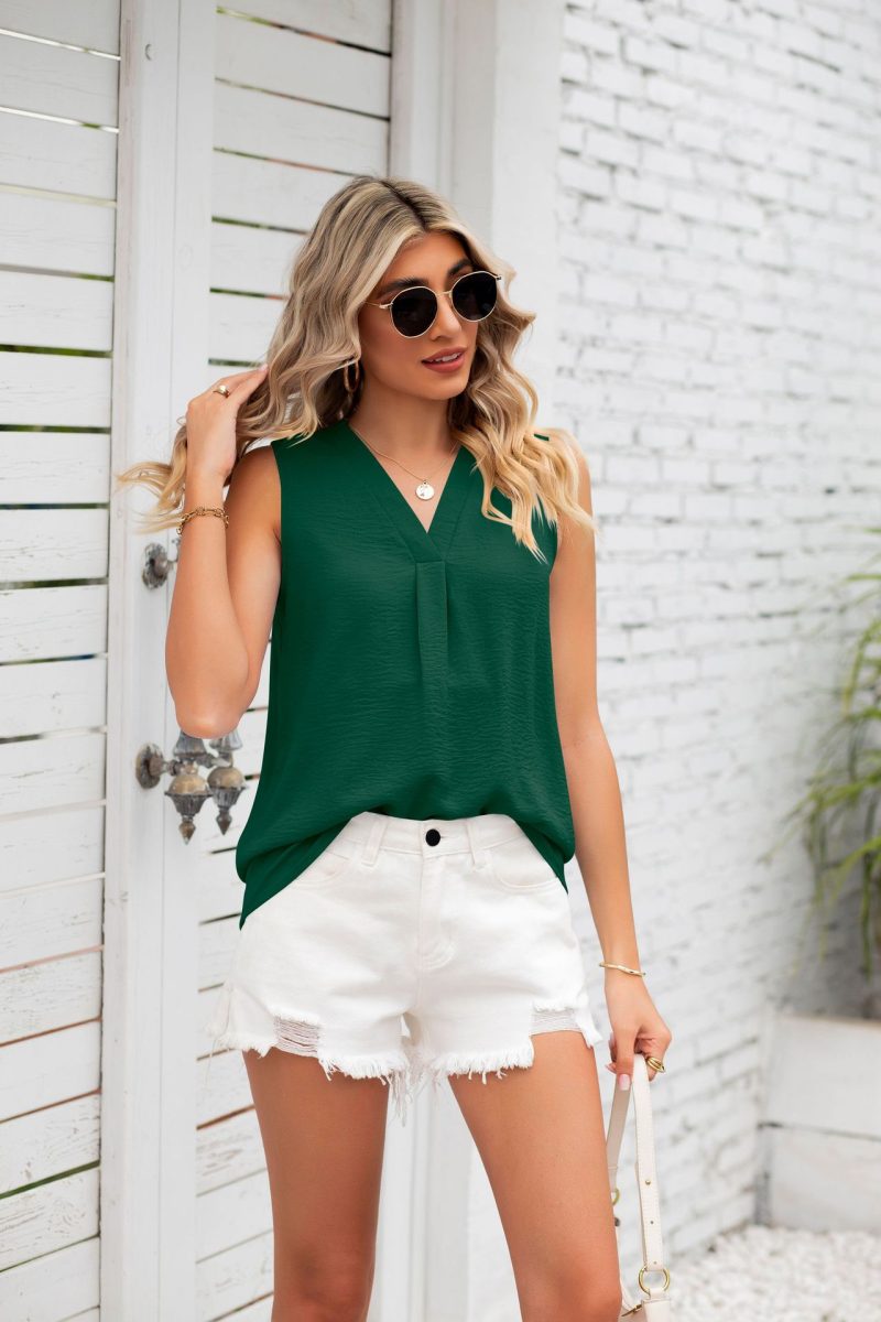 Summer Solid Color V neck Loose Chiffon Top Sleeveless Vest Women - Image 7