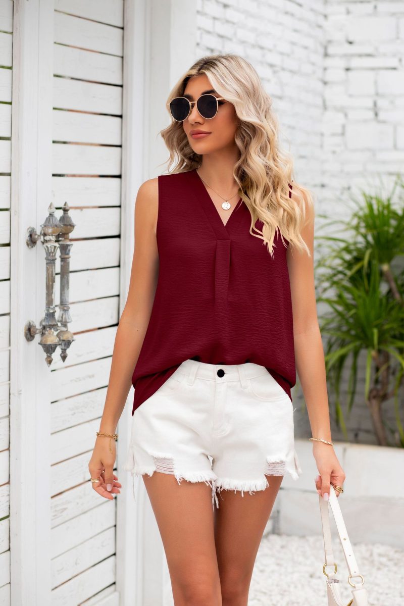 Summer Solid Color V neck Loose Chiffon Top Sleeveless Vest Women - Image 10