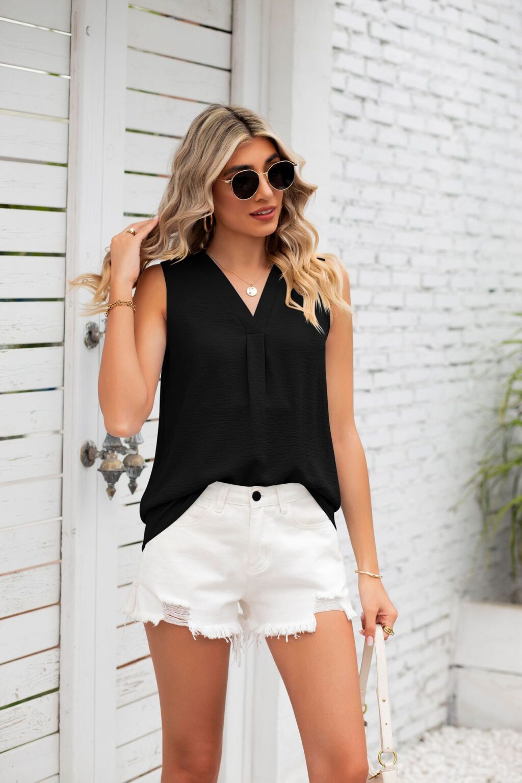 Summer Solid Color V neck Loose Chiffon Top Sleeveless Vest Women - Image 14