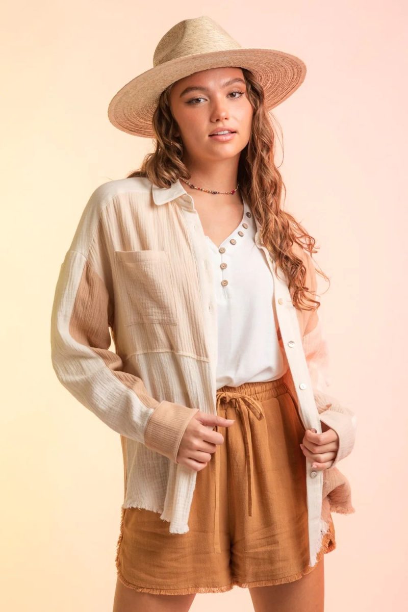 Women Clothing Spring Coat Pocket Single Breasted Color Matching Women Shirt - Image 2