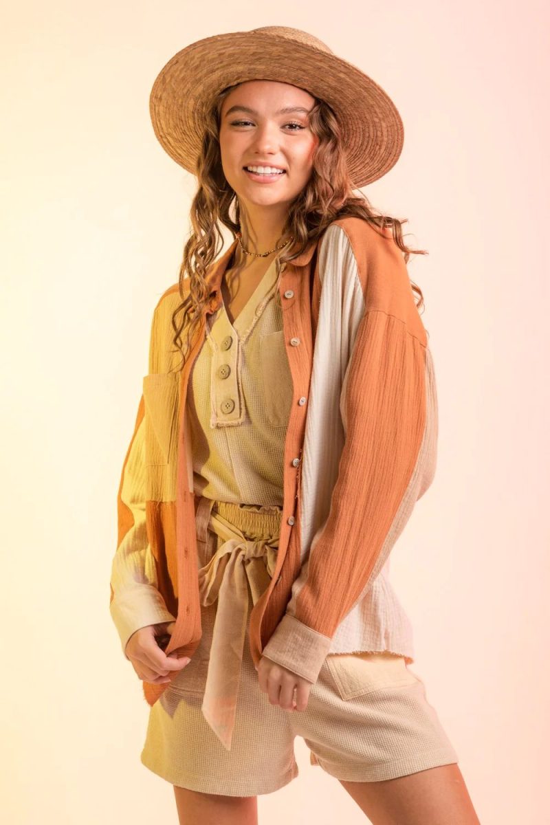 Women Clothing Spring Coat Pocket Single Breasted Color Matching Women Shirt - Image 4