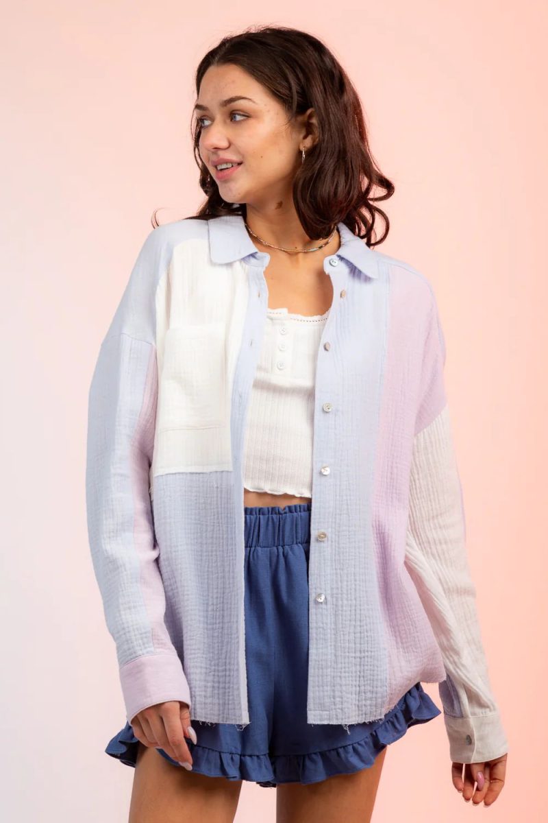 Women Clothing Spring Coat Pocket Single Breasted Color Matching Women Shirt - Image 9