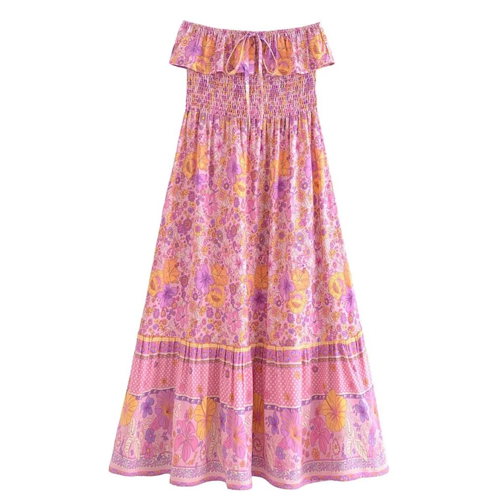 Spring Women Positioning Printing Front Row Buttons V neck Drawstring Tied Dress - Image 5