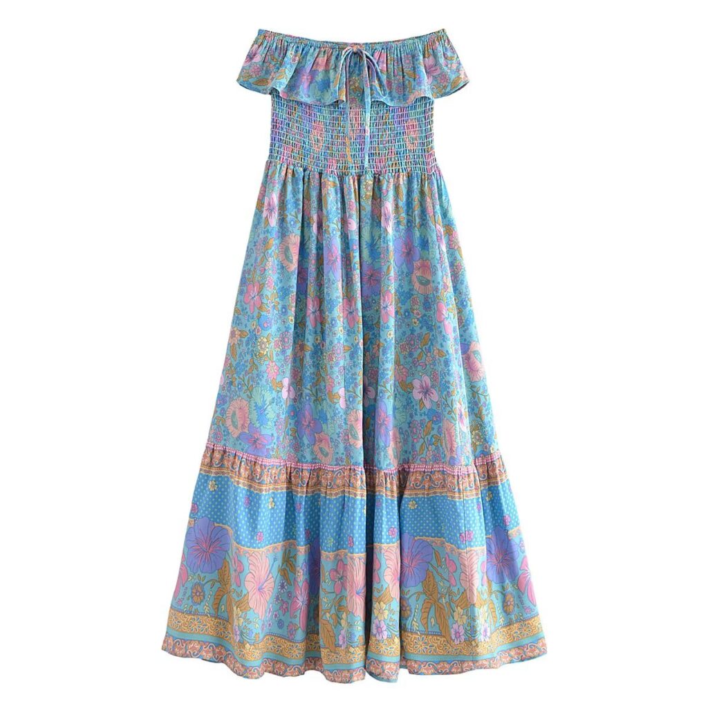 Spring Women Positioning Printing Front Row Buttons V neck Drawstring Tied Dress - Image 6