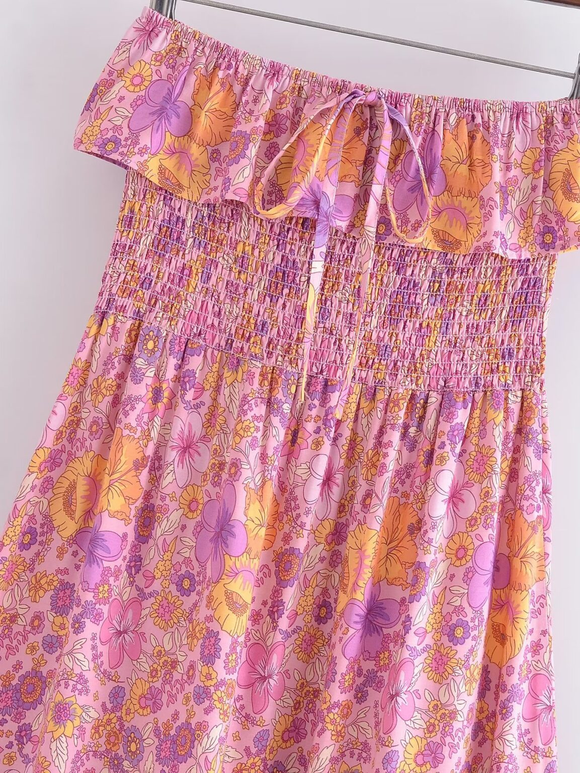 Spring Women Positioning Printing Front Row Buttons V neck Drawstring Tied Dress - Image 7