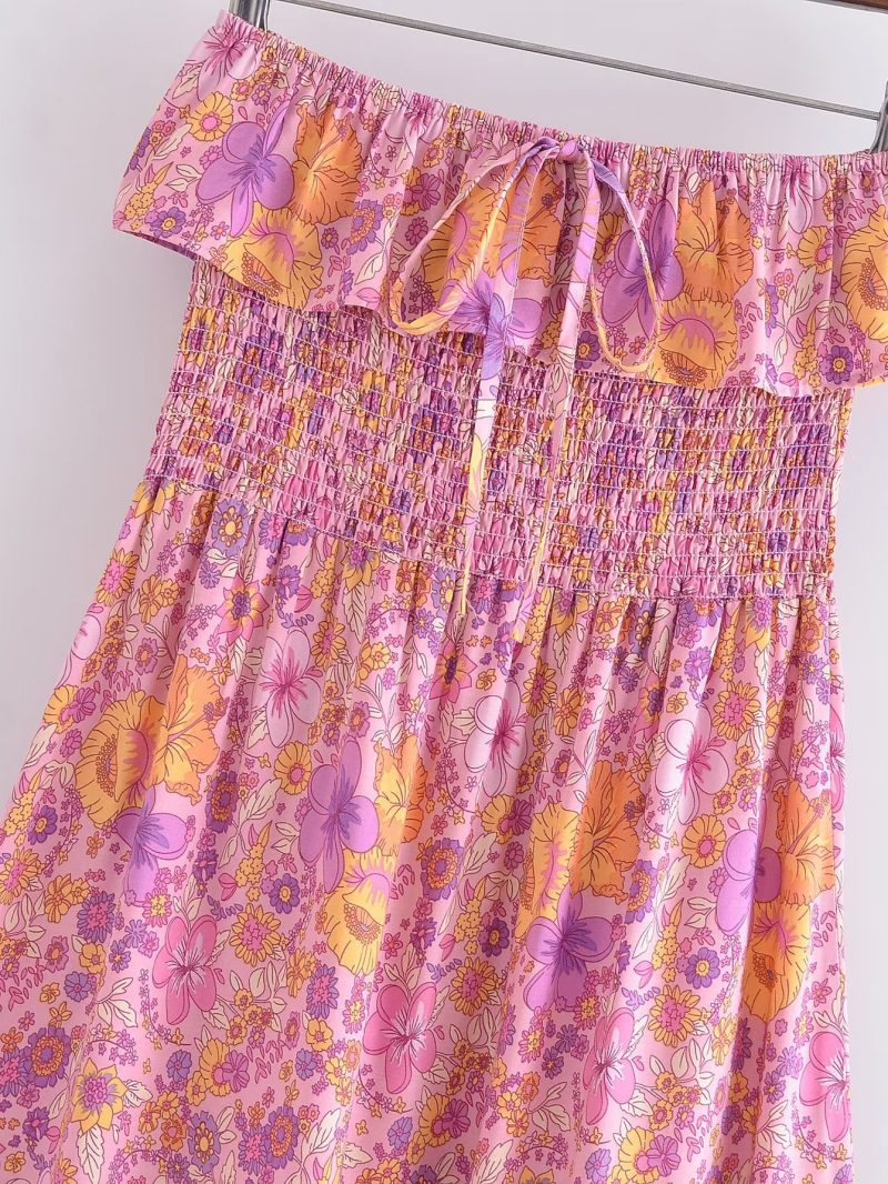 Spring Women Positioning Printing Front Row Buttons V neck Drawstring Tied Dress - Image 7