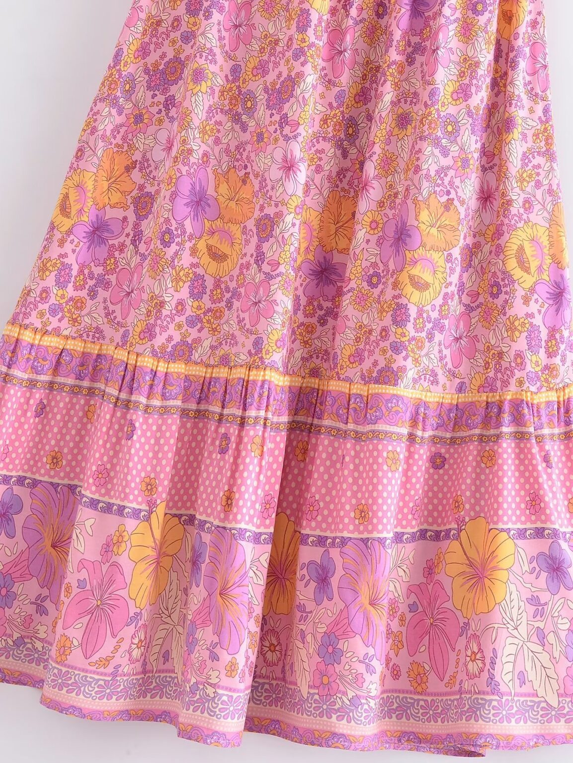 Spring Women Positioning Printing Front Row Buttons V neck Drawstring Tied Dress - Image 8