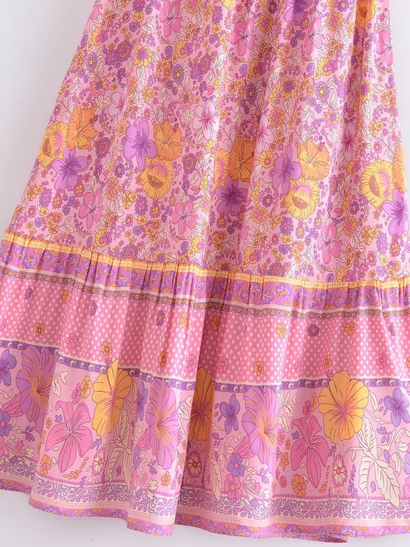 Spring Women Positioning Printing Front Row Buttons V neck Drawstring Tied Dress - Image 8
