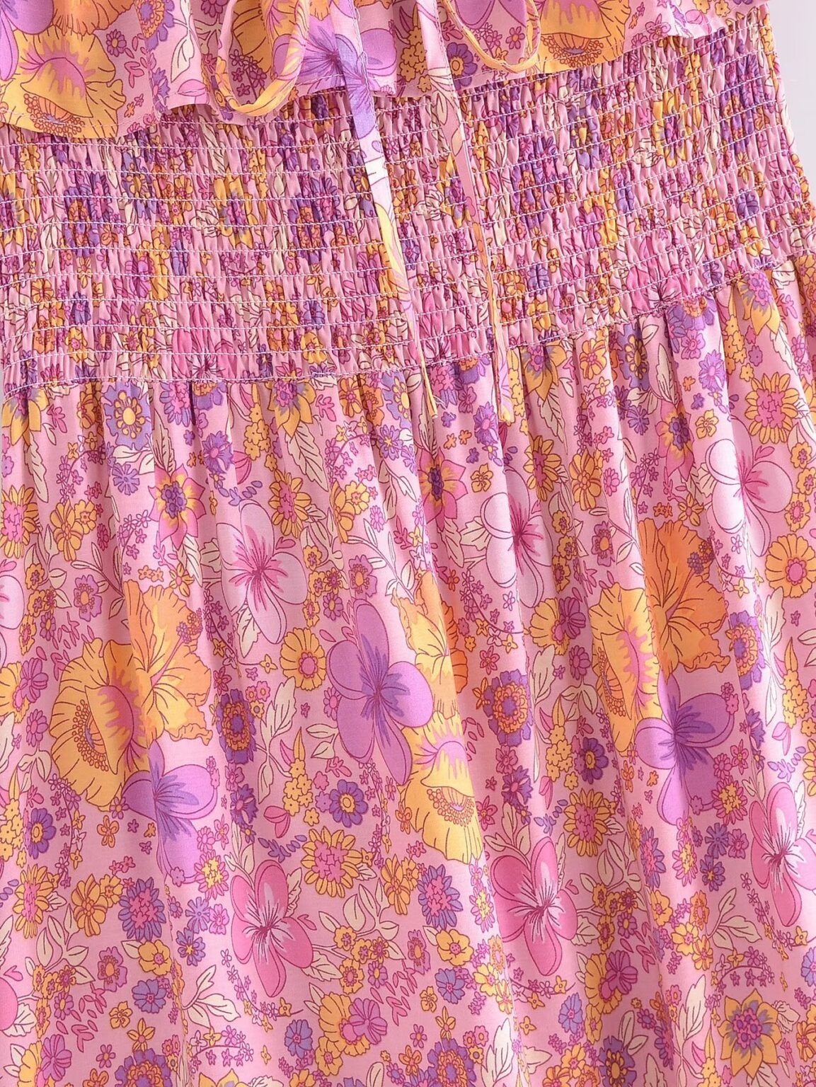 Spring Women Positioning Printing Front Row Buttons V neck Drawstring Tied Dress - Image 9