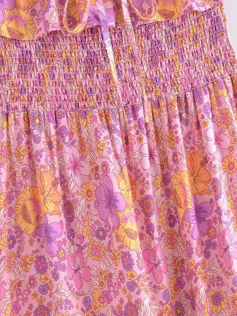 Spring Women Positioning Printing Front Row Buttons V neck Drawstring Tied Dress - Image 9