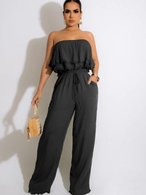 Women Clothing Solid Color Sleeveless Casual Wrapped Chest Ruffled Jumpsuit