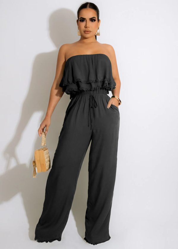 Women Clothing Solid Color Sleeveless Casual Wrapped Chest Ruffled Jumpsuit