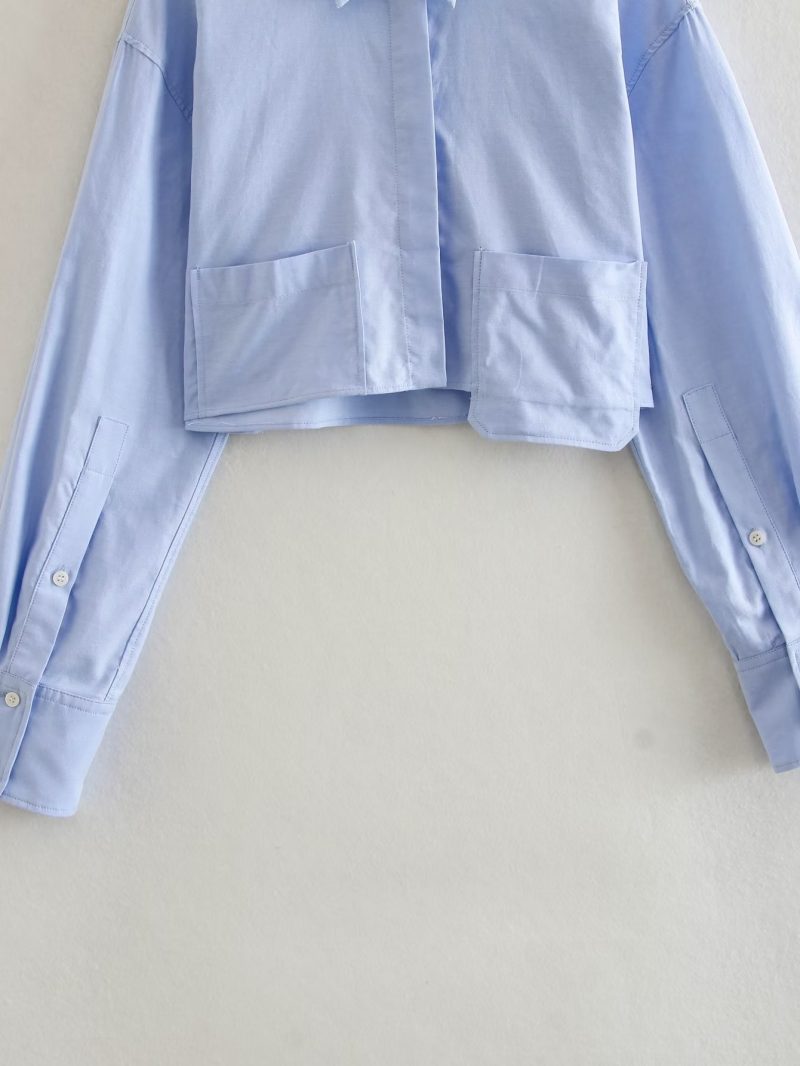 Front Pocket Loose Shirt Blogger Single Breasted Short Shirt Sexy Cropped Top - Image 3
