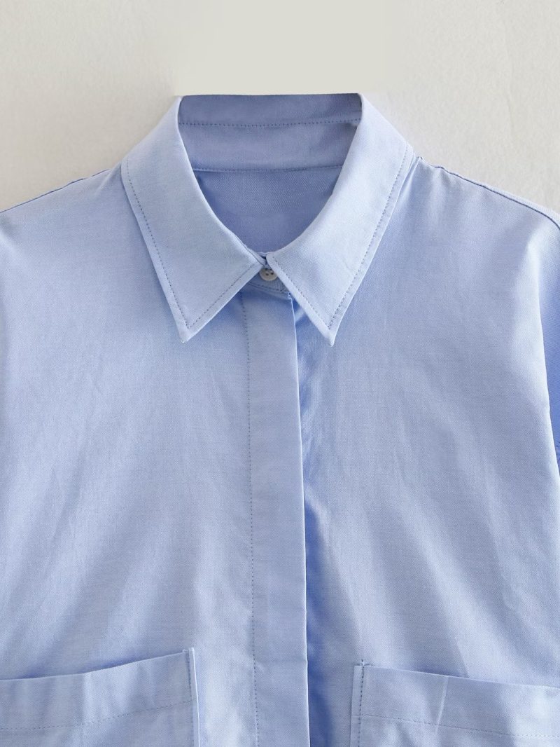 Front Pocket Loose Shirt Blogger Single Breasted Short Shirt Sexy Cropped Top - Image 5