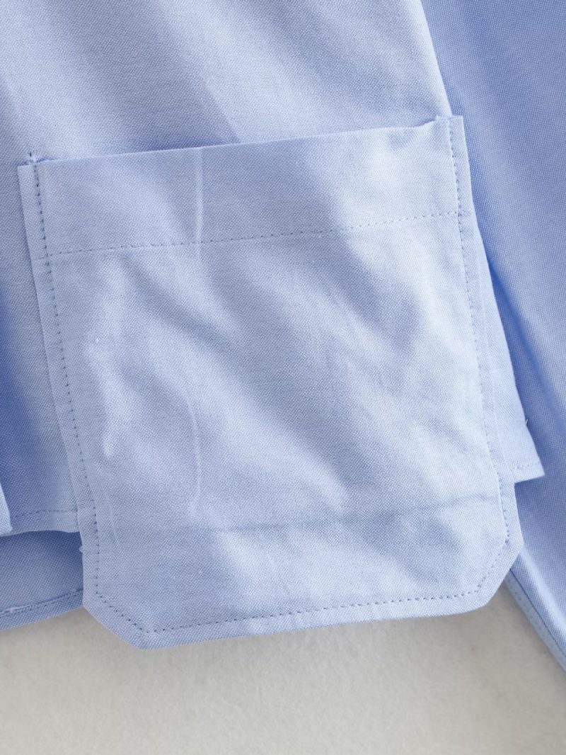 Front Pocket Loose Shirt Blogger Single Breasted Short Shirt Sexy Cropped Top - Image 9