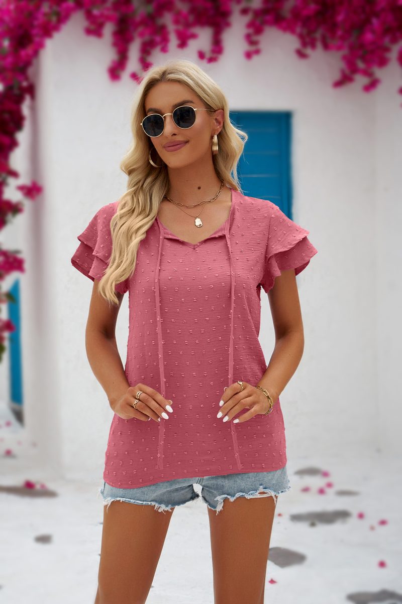 Women Clothing Summer Lace up Crew Neck Chiffon Fur Ball Office Shirt - Image 8