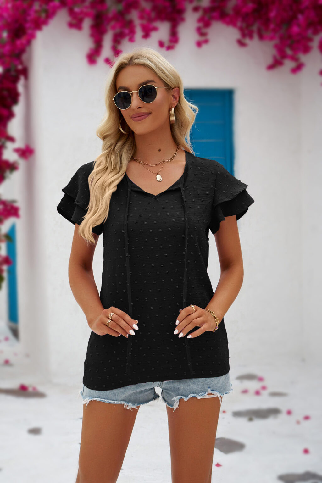 Women Clothing Summer Lace up Crew Neck Chiffon Fur Ball Office Shirt - Image 9