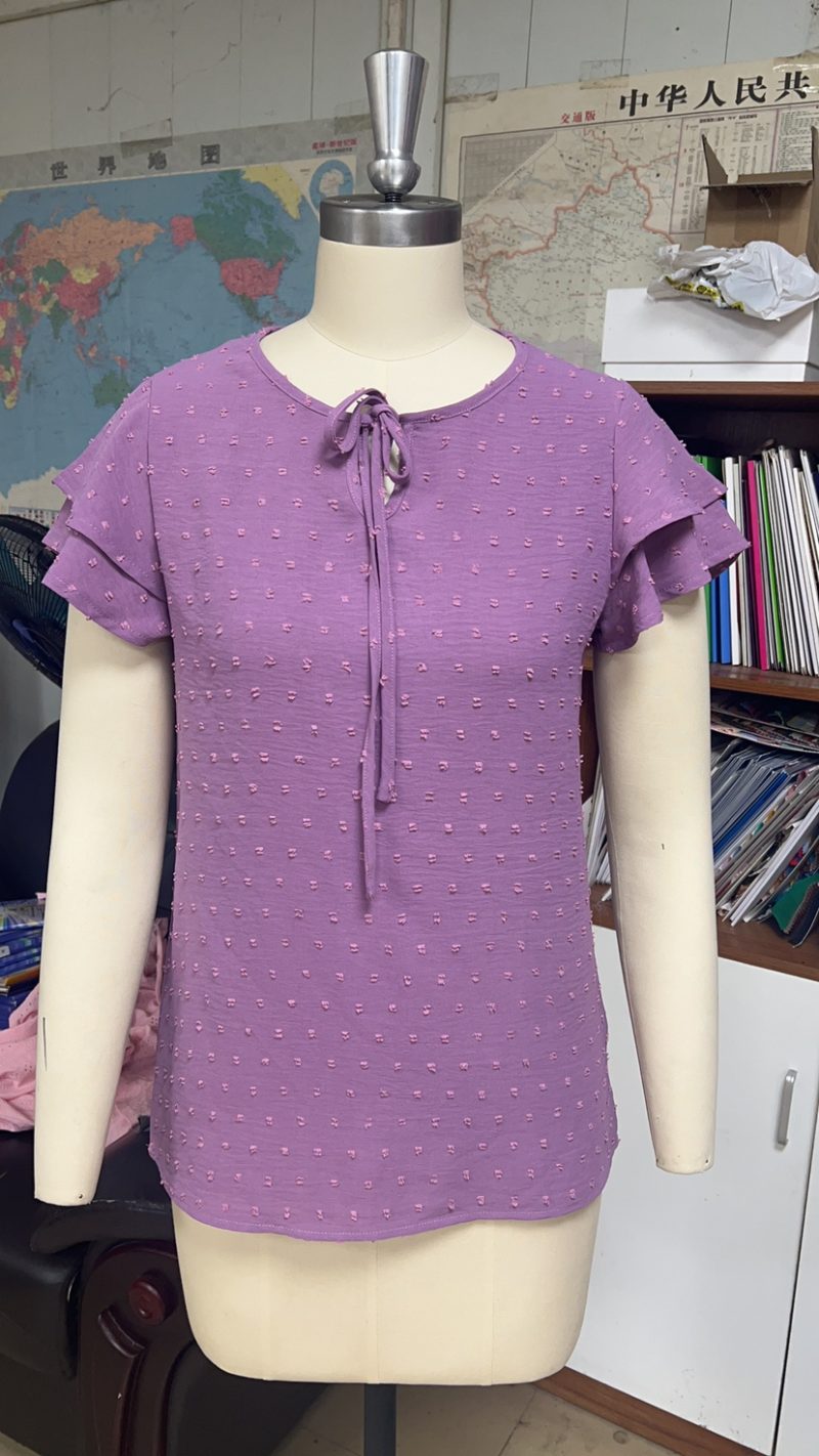 Women Clothing Summer Lace up Crew Neck Chiffon Fur Ball Office Shirt - Image 11