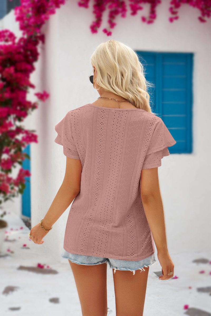 Summer Women Clothing Women T shirt Hole Hollow Out Lace up Double Layer Sleeve Top - Image 8